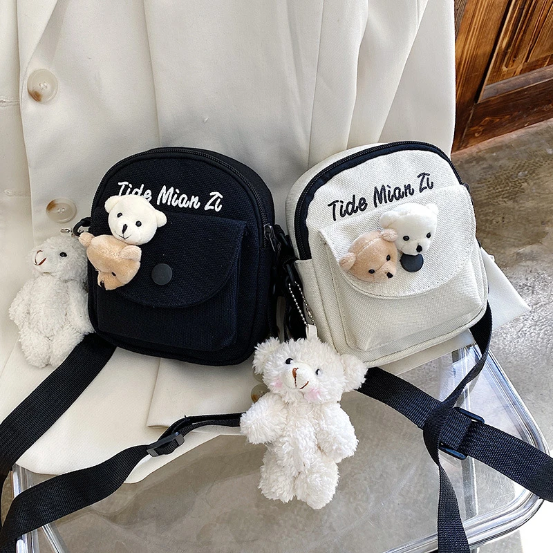 春季新款休闲帆布包女日系学生小包包女卡通小熊单肩包纯色斜挎包