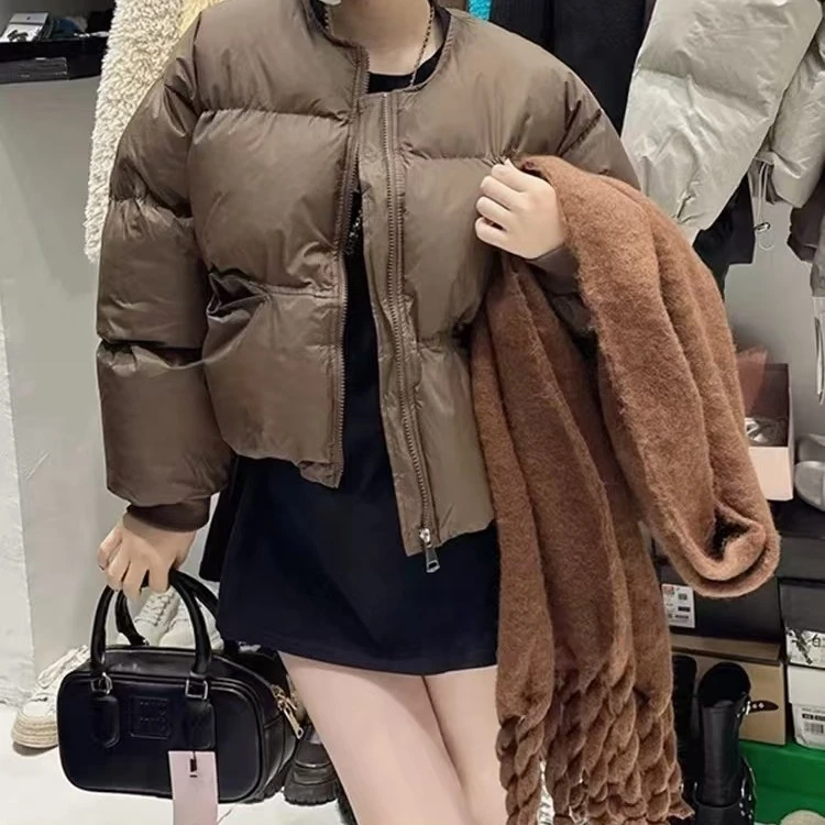 2024冬季肯豆风时尚设计感大版宽松下抽绳圆领纯色百搭棉服外套W