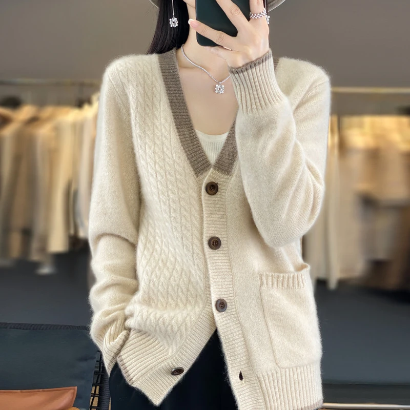 【131-140】开衫女宽松百搭拼色毛衣外套慵懒针织衫上衣