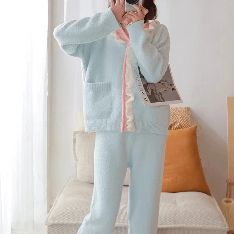 半边绒2024冬款长袖荷叶边拼接加绒保暖睡衣家居服lxc