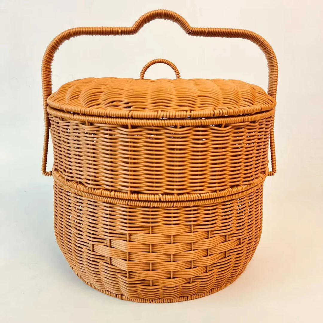 D14复古简约圆形双层家用客厅仿藤编手提篮手工编储物野餐拜拜篮