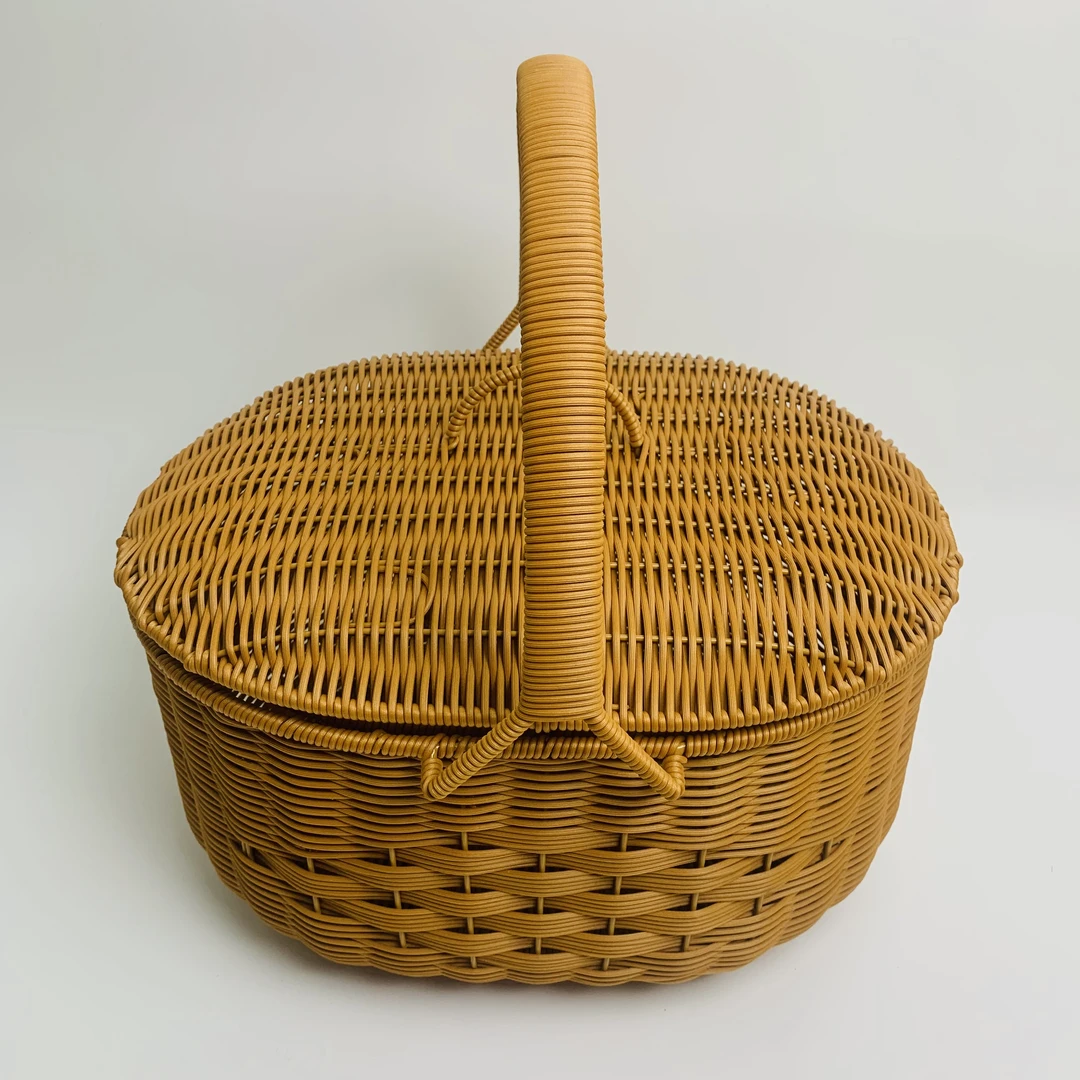 D12茶色椭圆家用双面编花带盖仿藤编手提篮野餐篮纯手工编篮织筐