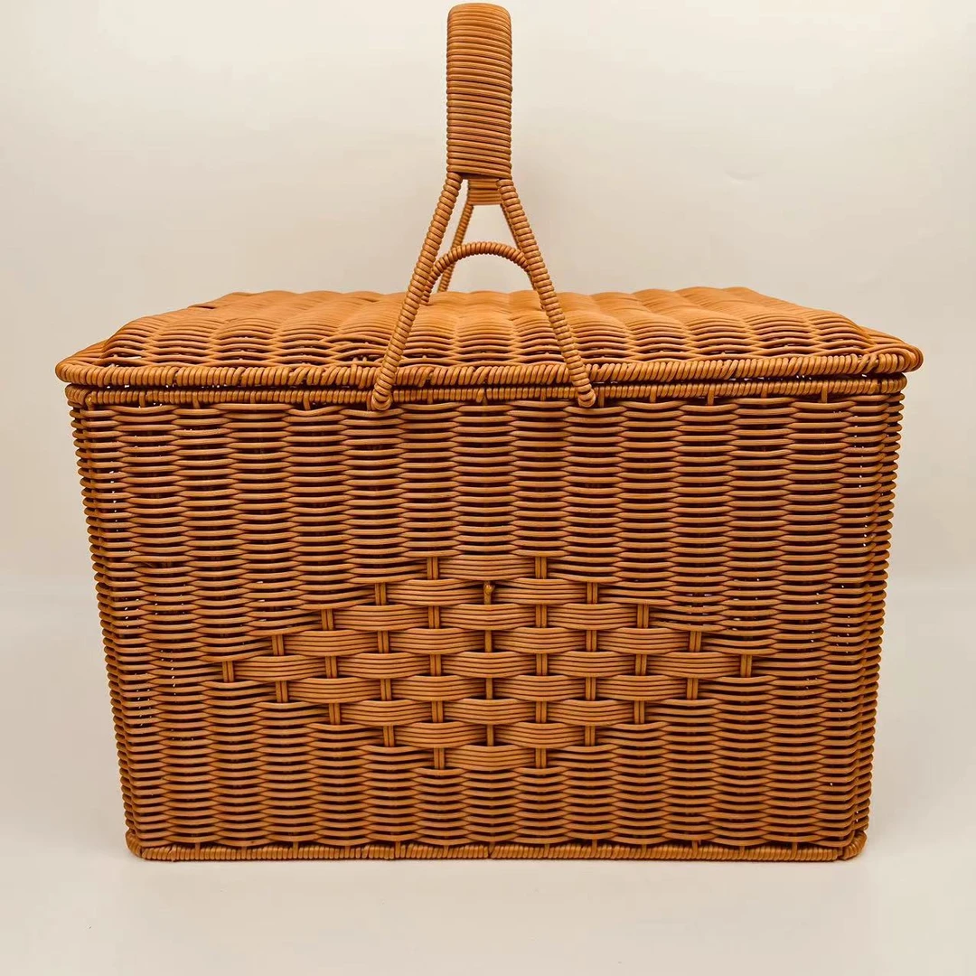 K01大容量长方形双层家用储物买菜野餐拜拜篮仿藤编手提篮手工编