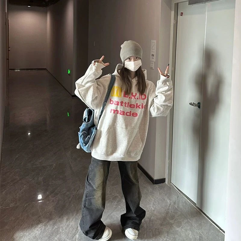 美式复古设计感连帽卫衣女秋冬加绒加厚宽松Oversize小众长袖上衣