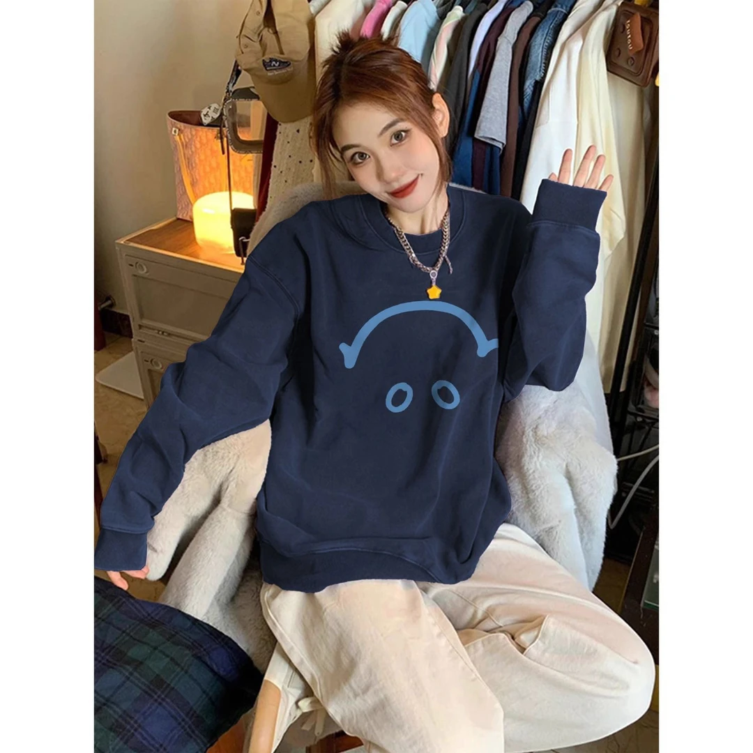 圆领美式慵懒印花卫衣秋冬2024新款宽松百搭纯棉学院长袖无帽加绒