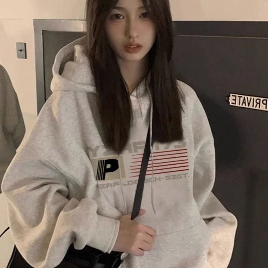 美式复古vintage卫衣女秋冬季加绒加厚连帽oversize慵懒风外套潮