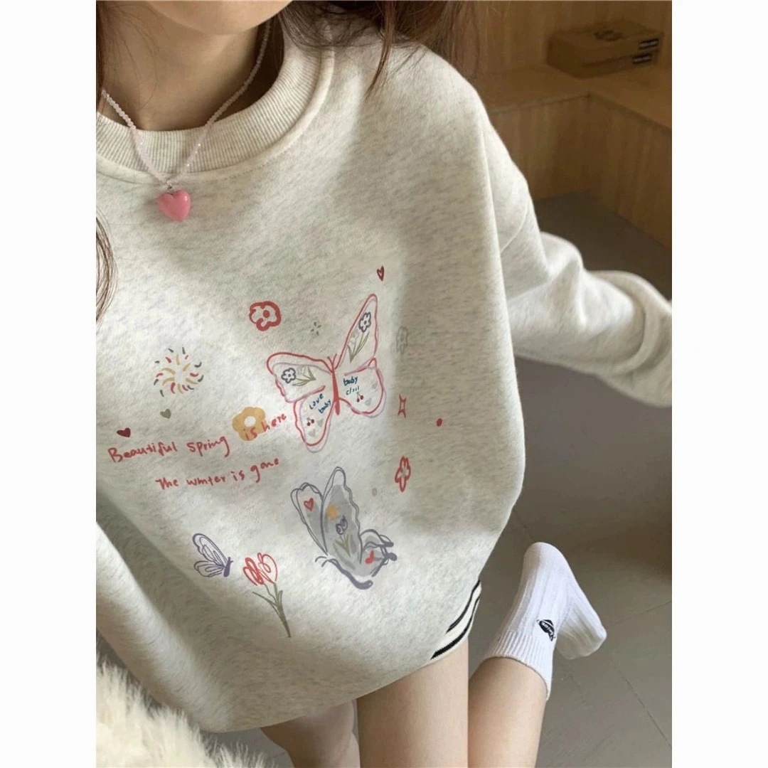 灰色美式复古慵懒圆领无帽卫衣女春秋薄款ins国潮牌宽松上衣