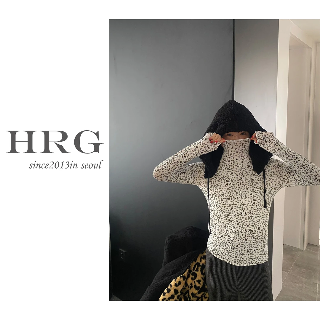 韩货◆秋冬内搭打底衫女印花中领显瘦长袖t恤复古碎花时尚提花上衣