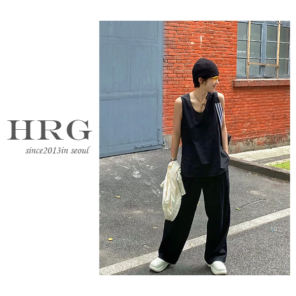私服套装◆夏季无袖背心t恤女宽松休闲直筒阔腿裤黑色套装韩版ins