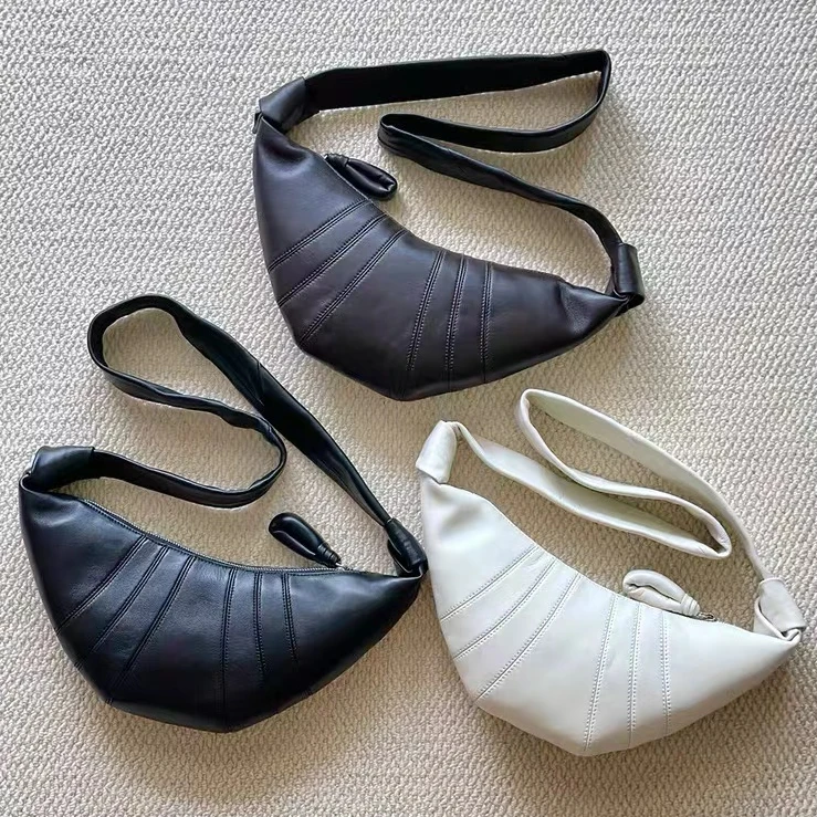 牛角包羊皮法式小众设计包包百搭可颂包饺子包真皮单肩斜挎胸腰包