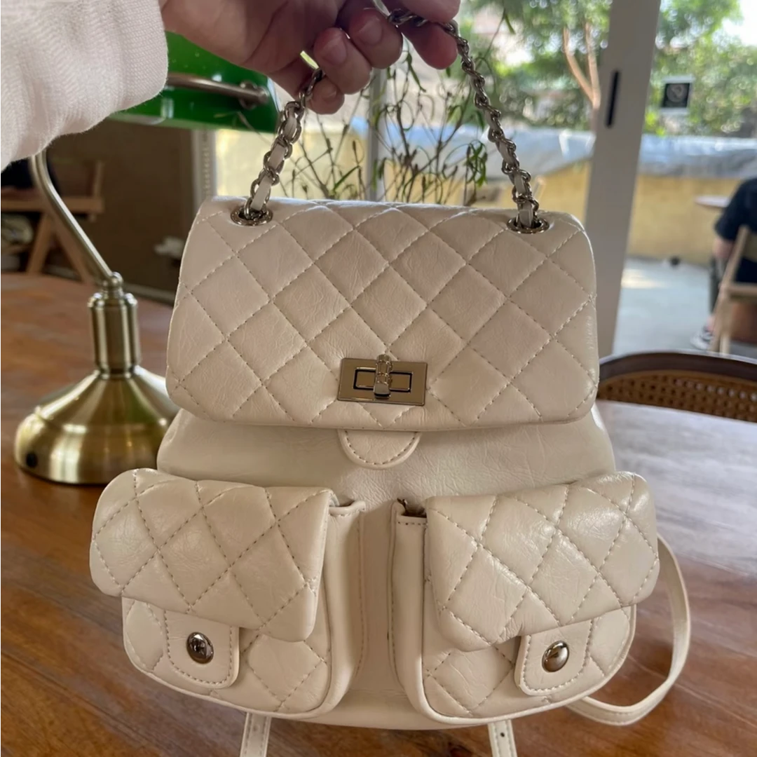 真皮小香风菱格链条包高级感双肩包包女2024新款青蛙包包小背包女