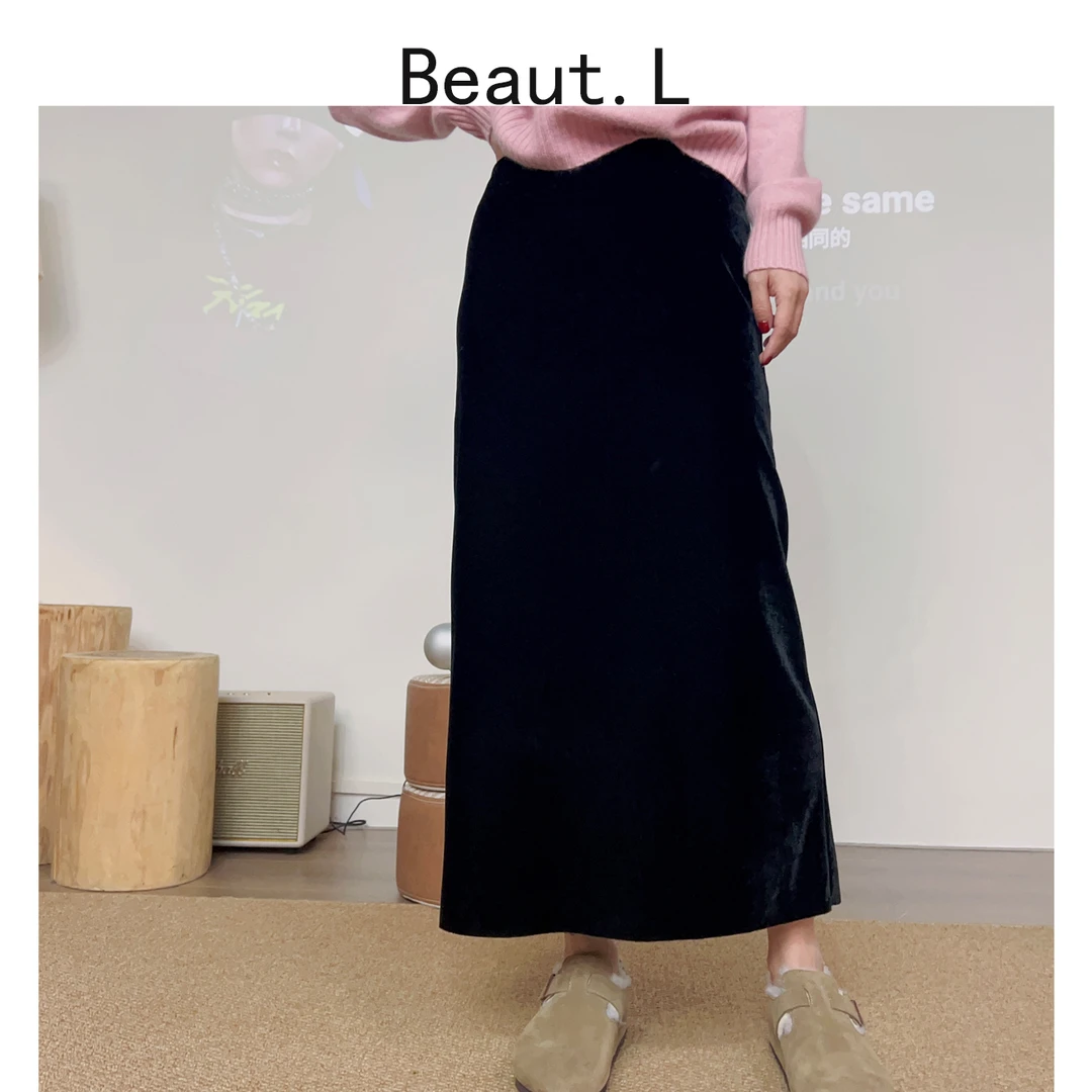 【Beaut.L】小众设计师 美丽高级定制加厚丝绒直筒半身裙时尚开叉