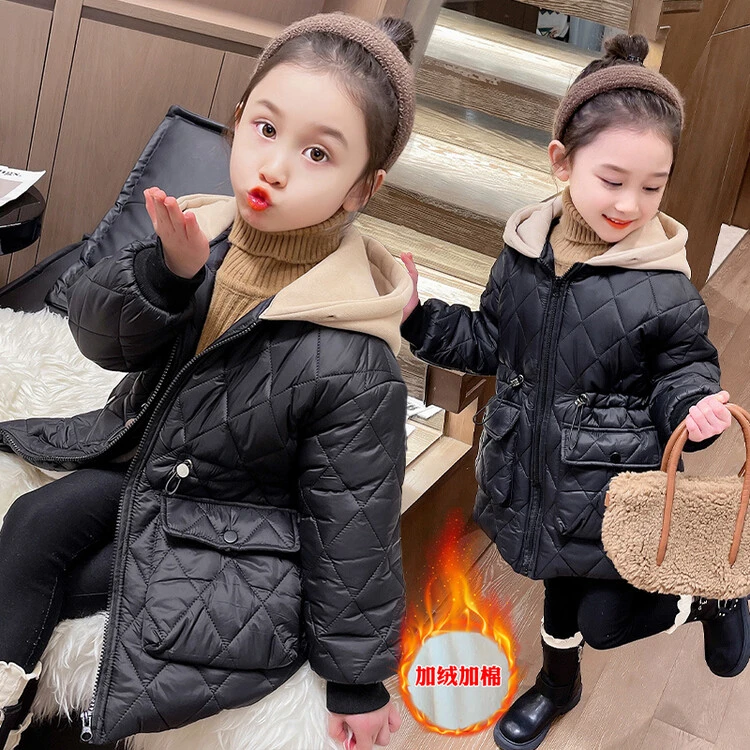 女童冬装棉服宝宝冬款洋气中长款咖色连帽黑棉衣儿童冬季保暖棉袄