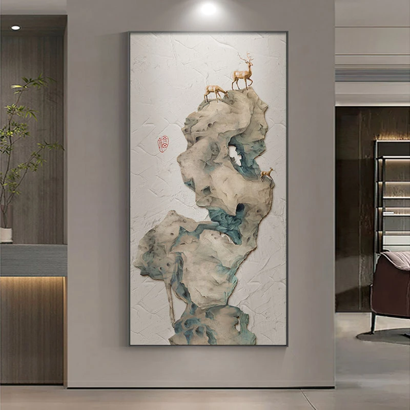 新中式石头招财玄关画装饰画入户正对门客厅走廊过道挂画竖版壁画