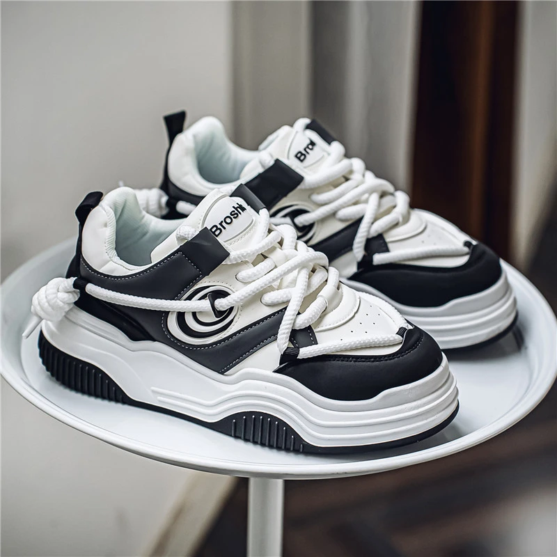 网红爆款男鞋春季皮面低帮休闲板鞋厚底增高百搭运动学生小白潮鞋
