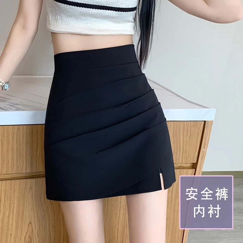 黑色显瘦高腰A字裙防走光裙子开叉短裙西装春秋开叉褶皱包臀女裙