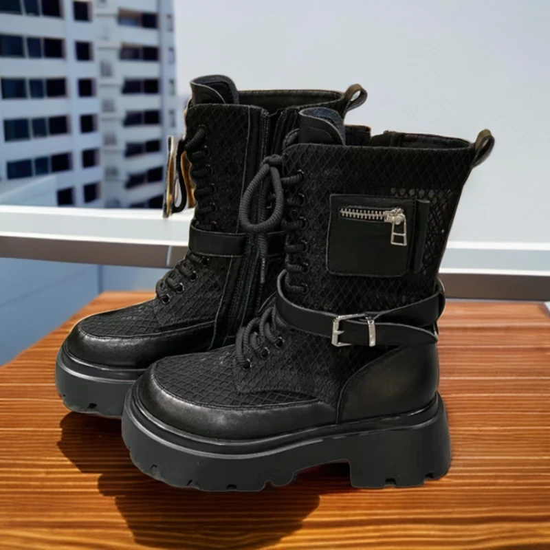 810-8春夏款时尚潮酷牛皮拼接网纱马丁靴