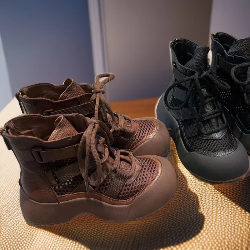 A913春夏设计感复古手工拼网镂空系带马丁靴