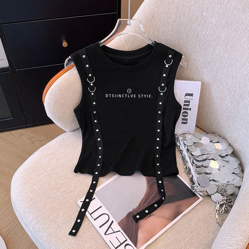 夏日多巴胺穿搭无袖t恤女金属飘带美式复古短款辣妹修身显瘦背心