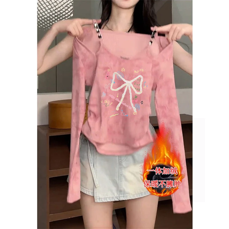 T恤辣妹扎染吊带拼接长袖上衣女秋冬新款内搭皱褶金属外穿打底衫