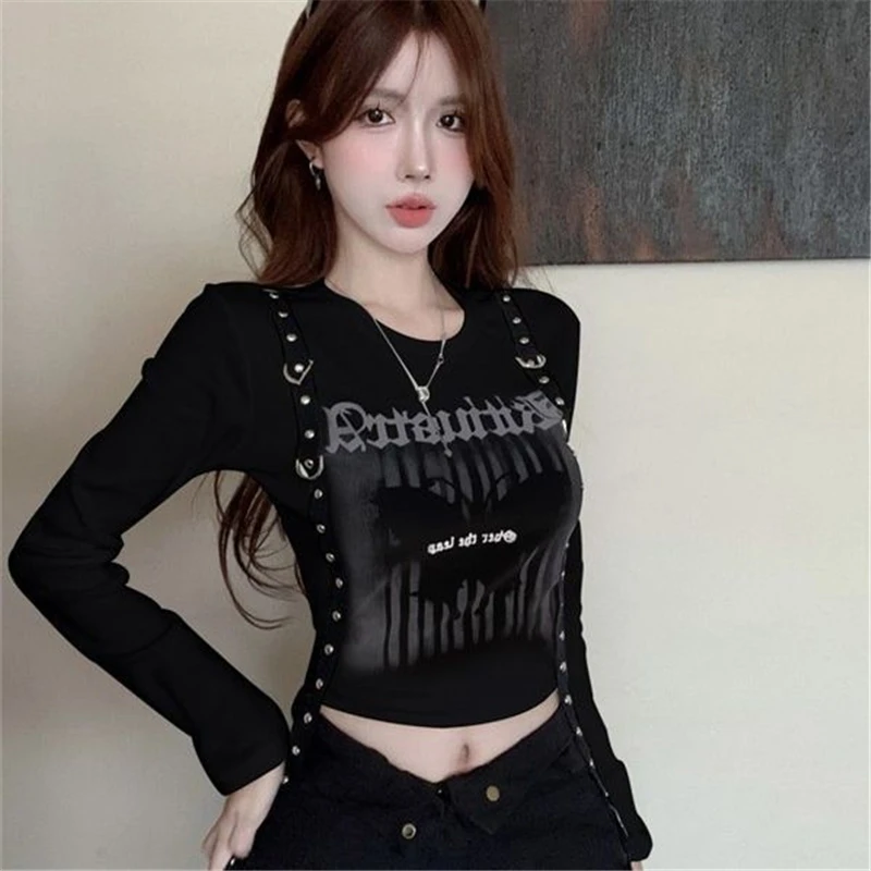 美式甜酷辣妹印花长袖T恤女2024秋季新款设计感小众紧身短款上衣