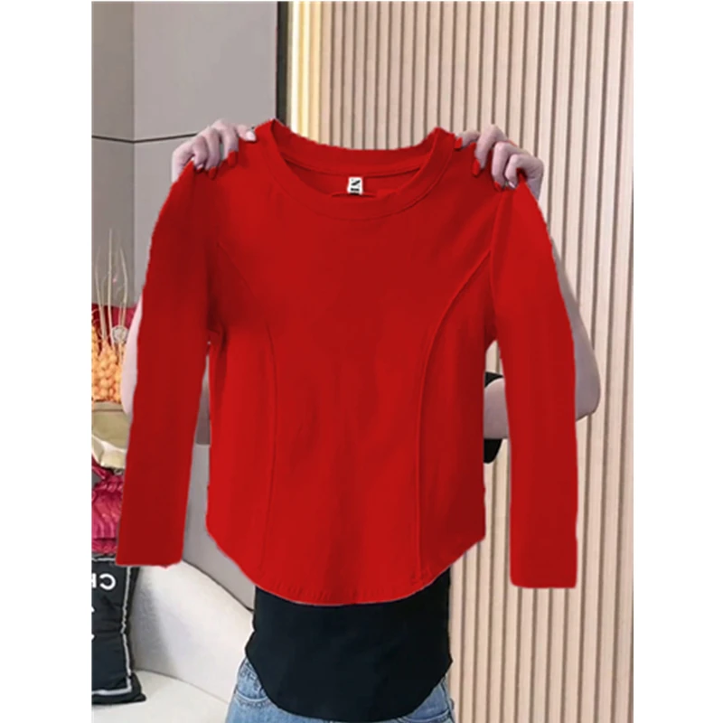 德绒加厚圆领长袖T恤打底衫小个子修身百搭鱼骨线秋冬保暖上衣ins