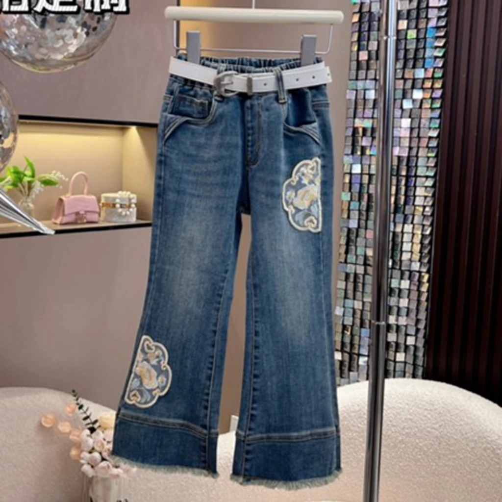 DURBEYQI/朵贝奇女童2025春季新款4046洋气刺绣直筒松紧腰牛仔裤