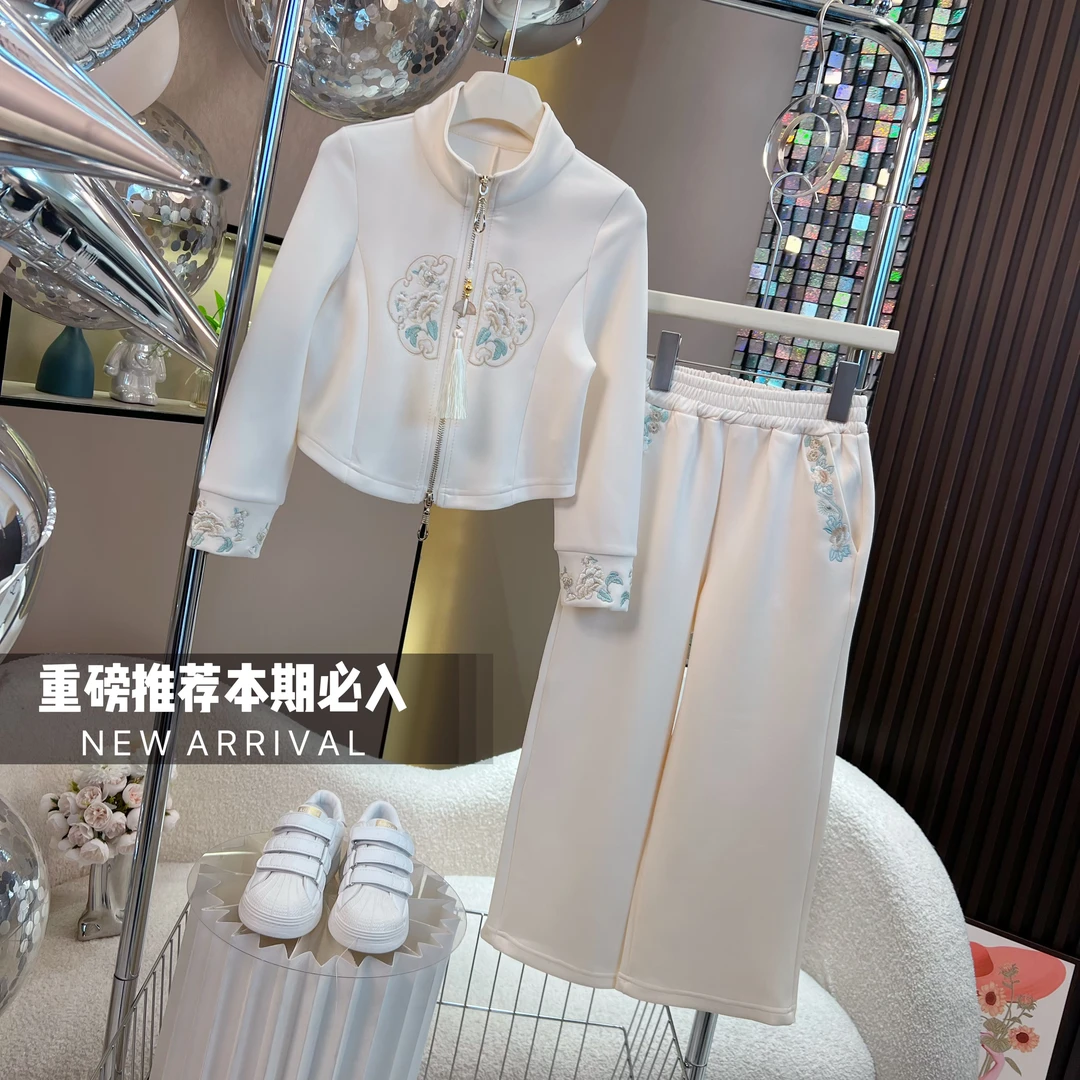 DURBEYQI/朵贝奇女童2025春季新款4106复古拉链祥云纯色长裤套装