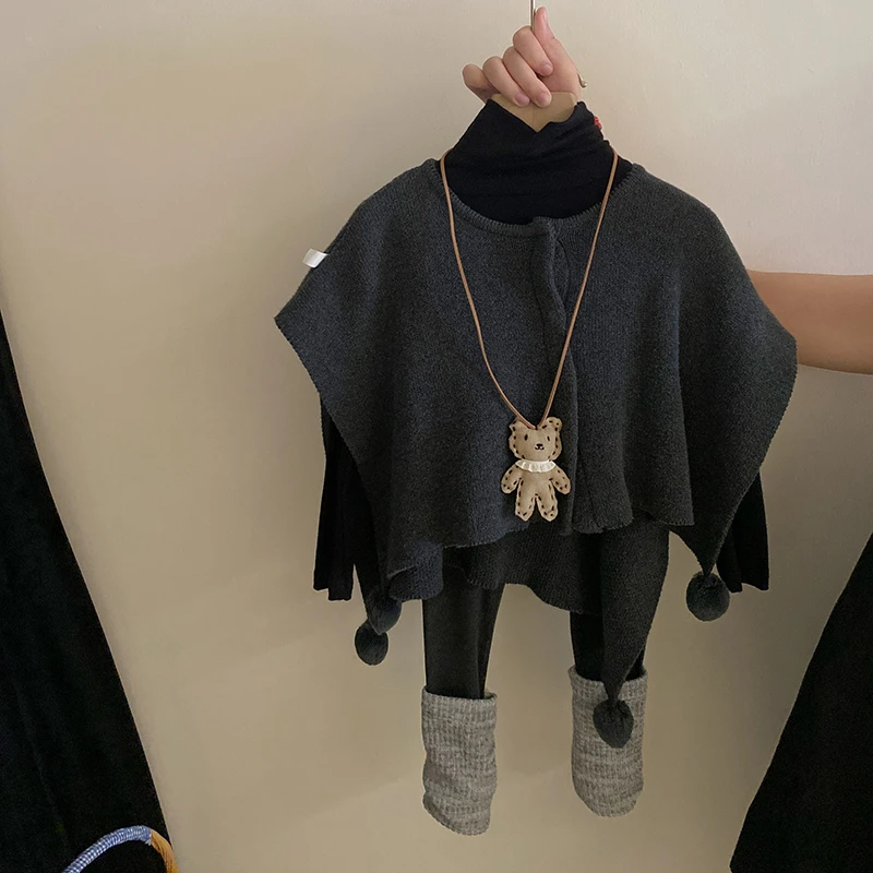 R23601小女孩套装针织斗篷上衣2024秋季新款纯色打底衫百搭打底裤