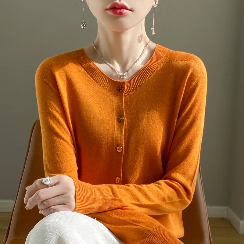 一线成衣！女士圆领无缝羊毛针织衫长袖薄款宽松百搭纯色开衫