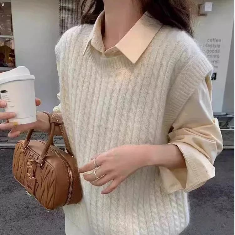 秋冬圆领加厚100%纯羊毛套头无袖休闲宽松百搭麻花马甲背心纯色