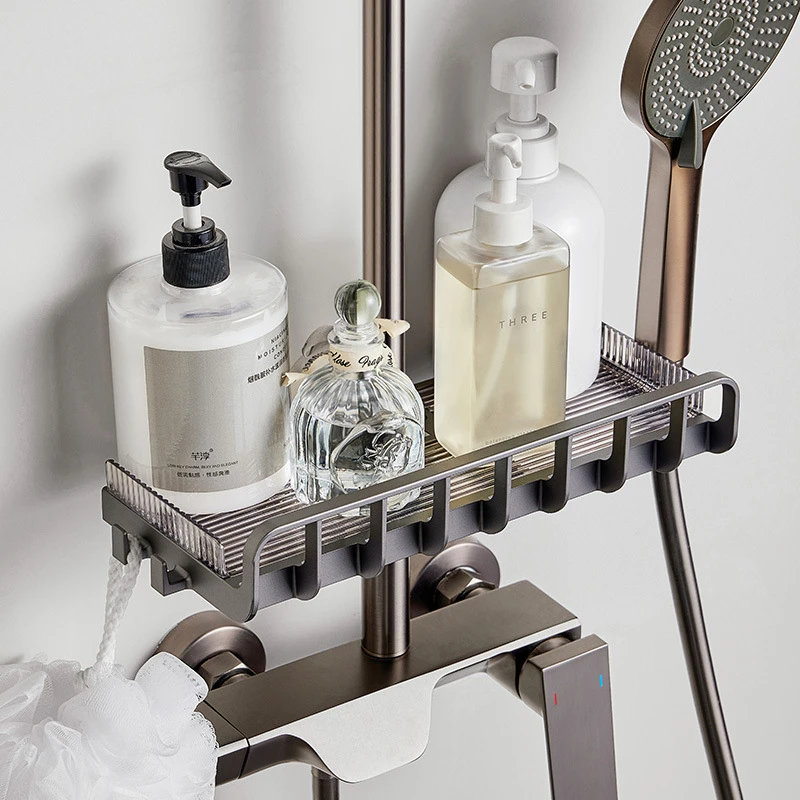 浴室置物架卫生间花洒杆沐浴露收纳架子洗澡间家用免打孔托盘支架