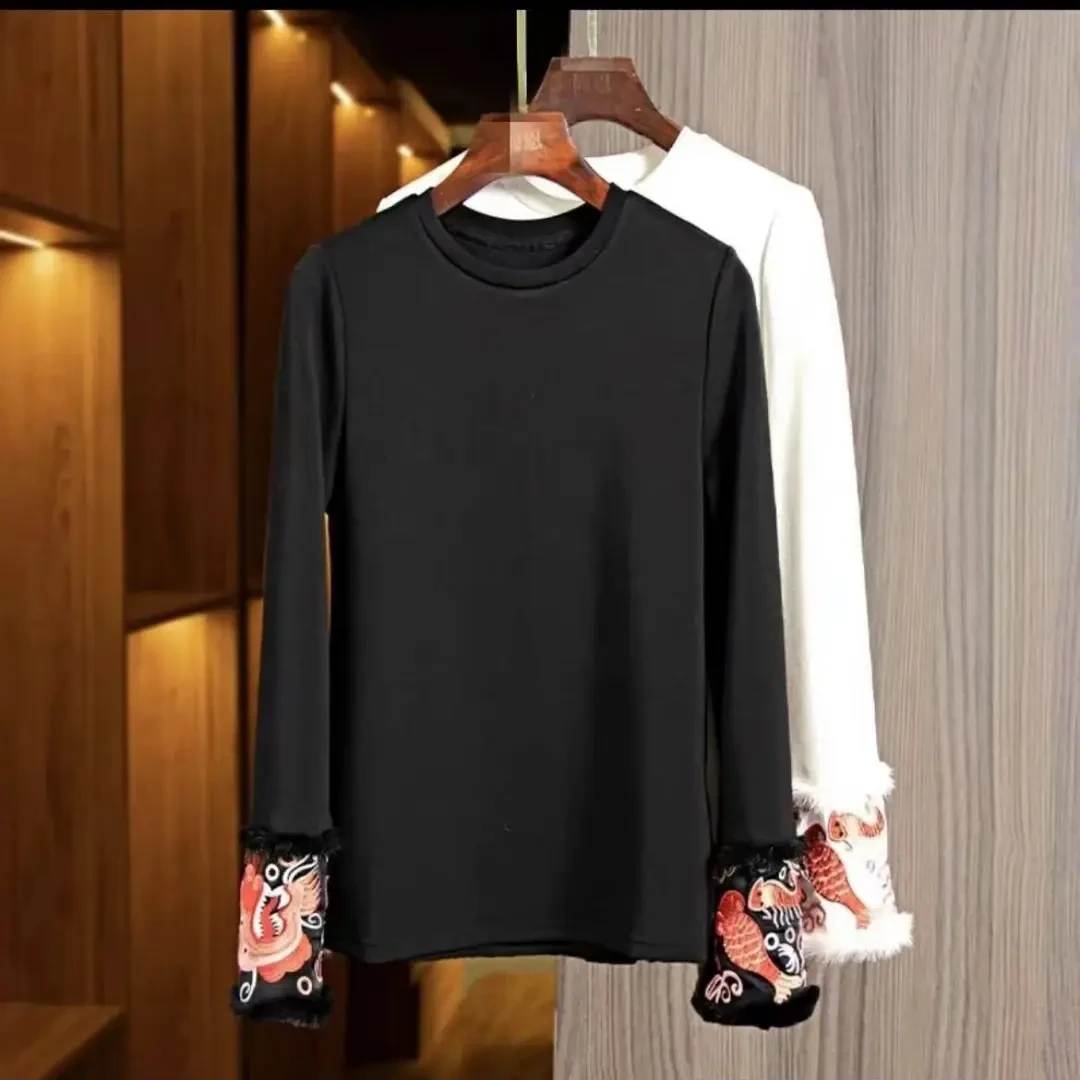 【鱼跃】--2024 新中式袖口定位有鱼绣花拼接毛毛加绒打底上衣