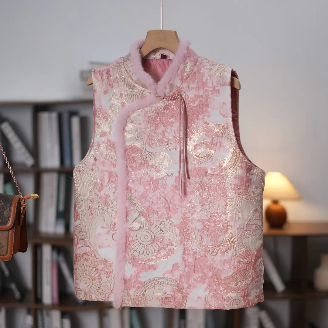 【国色天香】   秋冬款新中式暗纹提花拼接毛毛斜襟立领国风马甲