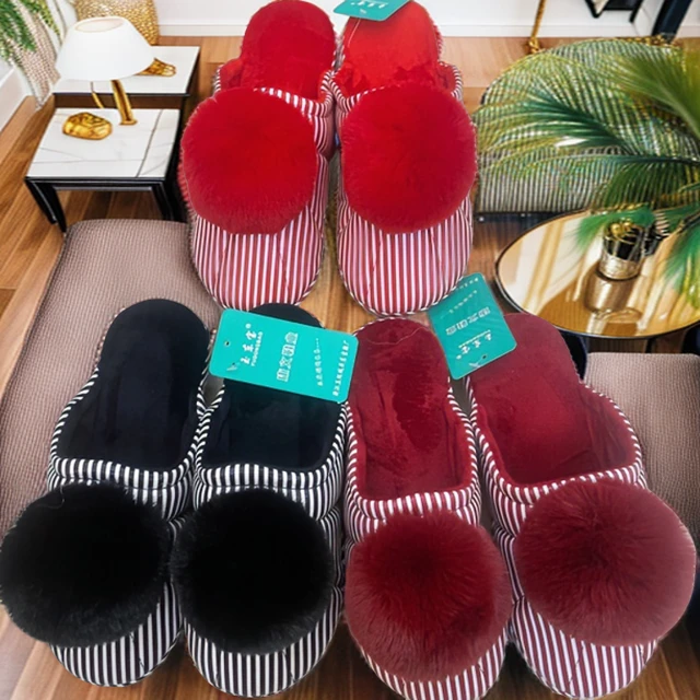 冬季条纹保暖毛绒新款舒适包头棉鞋偏小一号居家秋冬季毛毛鞋