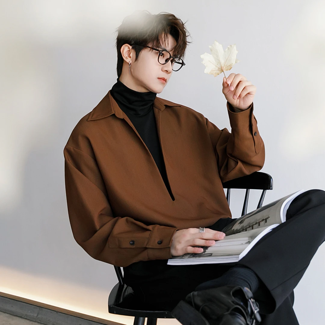 CHICERRO西西里男装砂洗北欧棉拼接撞色深V领设计感简约卫衣衬衫