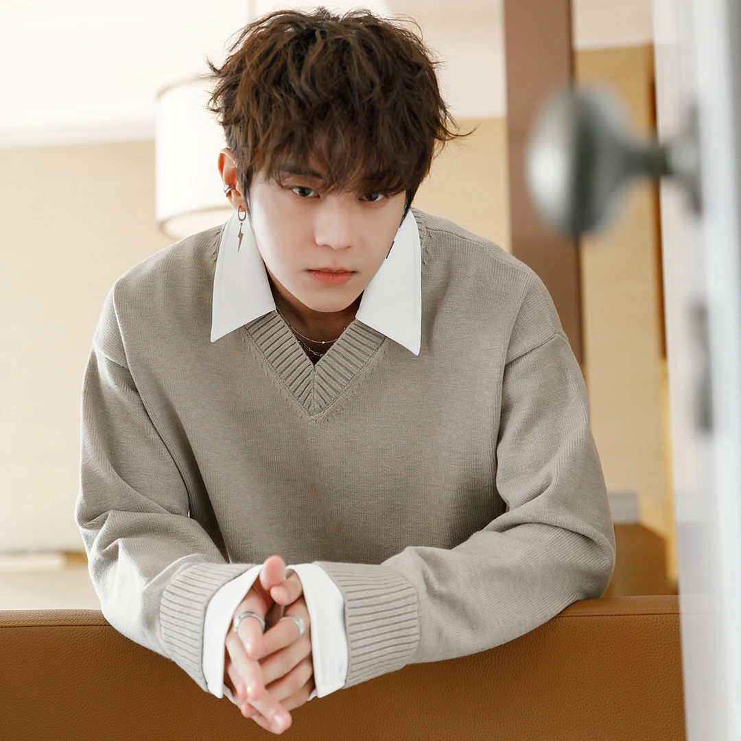 CHICERRO西西里男装新款衬衫领休闲百搭假两件拼接撞色长袖卫衣潮