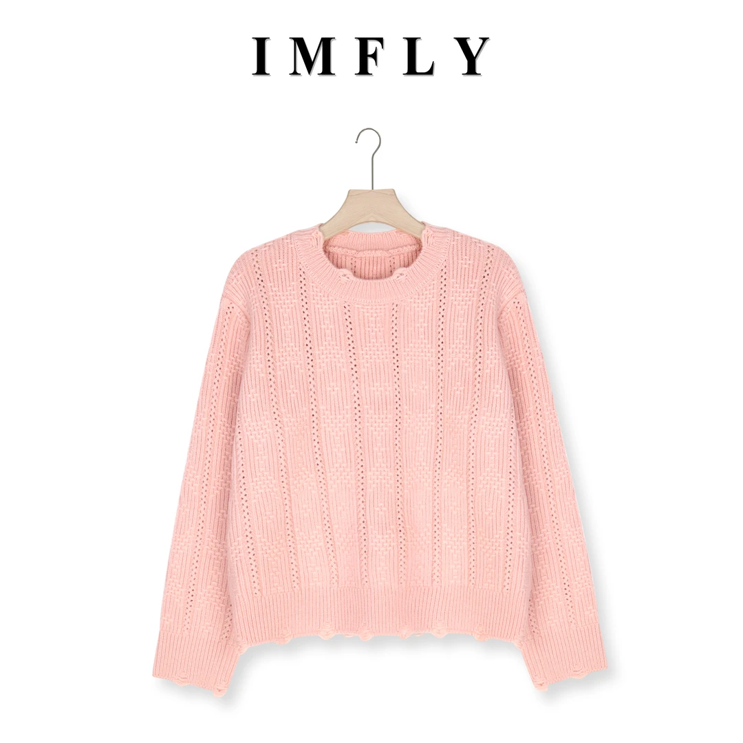 IMFLY金小金自制 针织衫DYW6295破边毛衣女秋冬圆领打底上衣