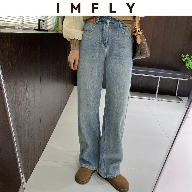 【IMFLY】金小金自制 加绒牛仔裤DYK1870窄版阔腿裤女冬季直筒长裤