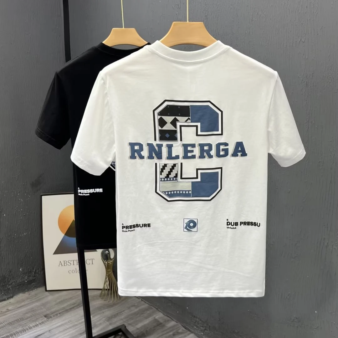 夏季简约字母白色短袖t恤男士2023新款潮流圆领半袖T衣服男装体恤