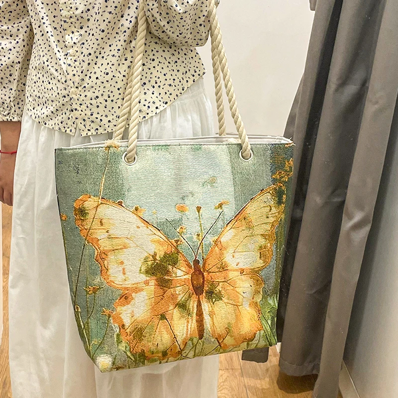 蝴蝶双面百搭时尚手提袋金丝刺绣图案手提包大容量托特单肩帆布包