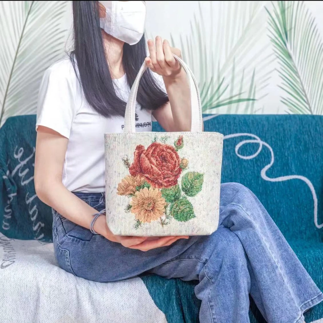牡丹花时尚帆布包双面刺绣帆布单肩包上班通勤包时尚便携布包包