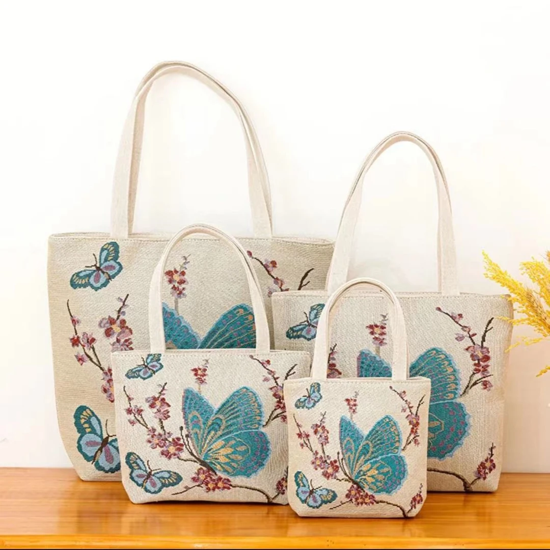 小清新梅花款刺绣帆布单肩包简约国风文艺休闲时尚手拎包民族风