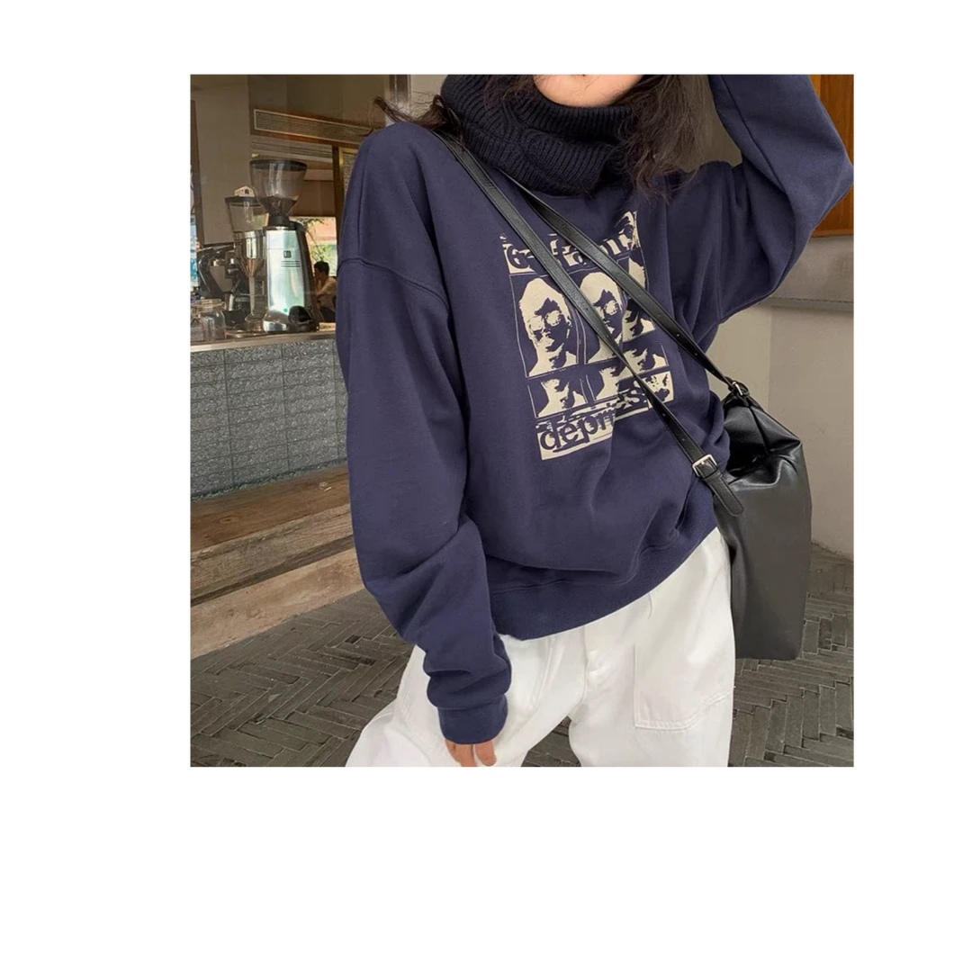 断码清-《藏青人像卫衣》冬季女款加绒加厚圆领卫衣休闲百搭重工