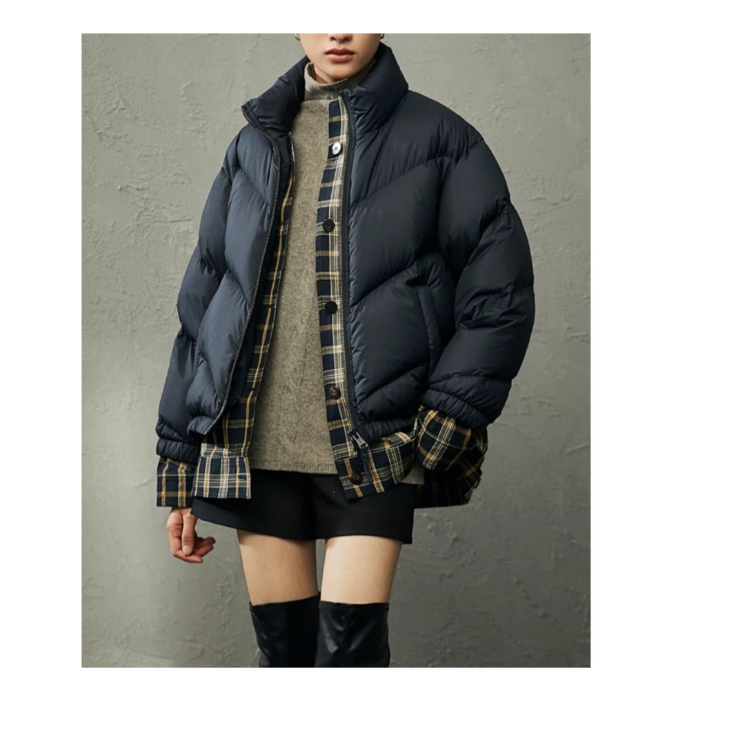 三哈宫-《TH/R羽绒服》新结构拼接格纹假两件羽绒服立领冬季短款