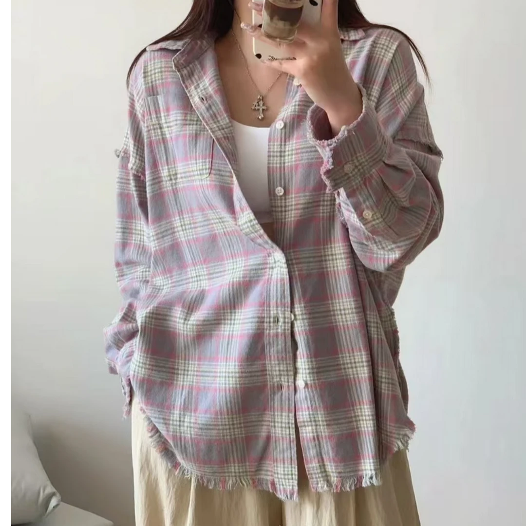 三哈宫-《美版原单》13毛边设计落肩格纹衬衫长袖