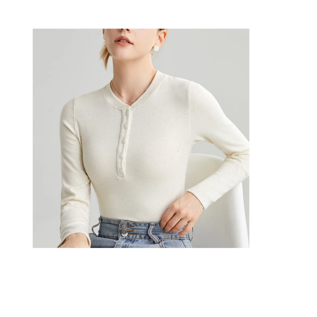 断码清-《LL彩点织入打底》自发热排扣前门襟长袖打底衫秋冬修身