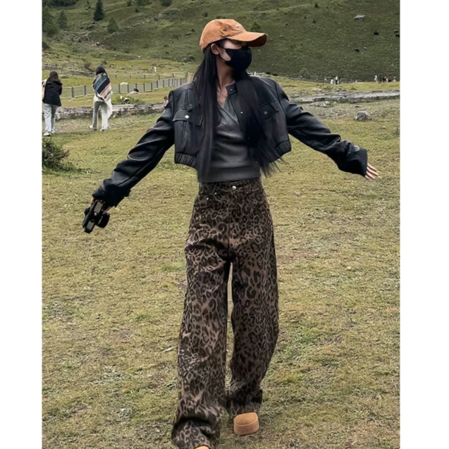 猫猫家加长女裤春秋单层咖色豹纹拖地牛仔裤76238