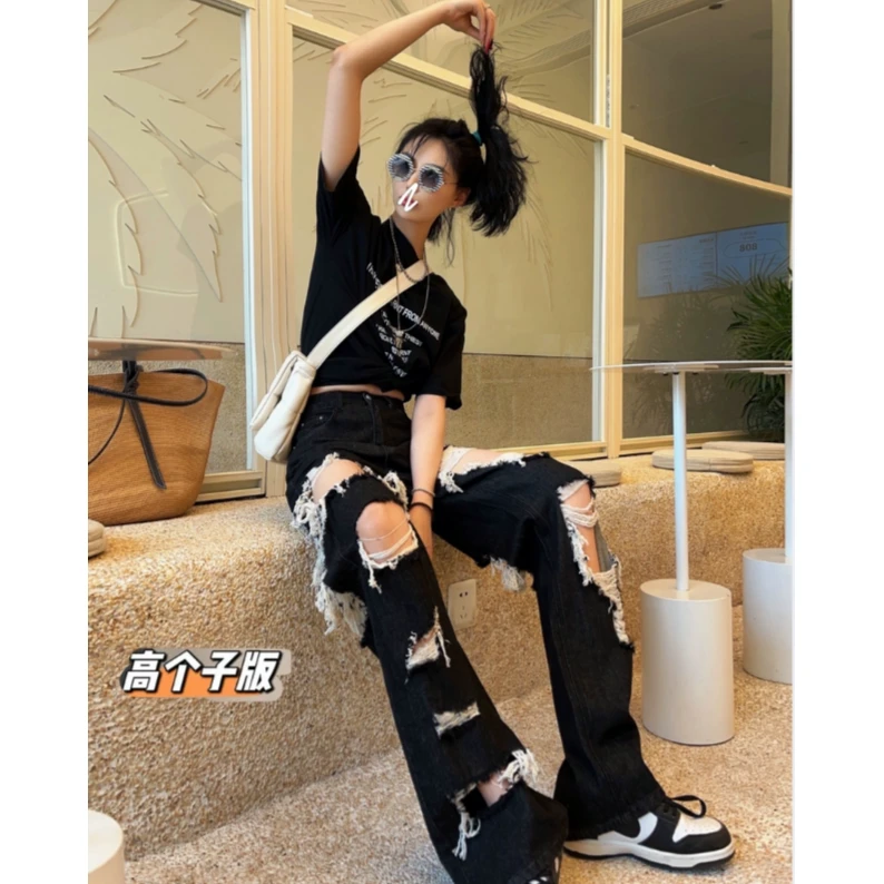 猫猫家加长女裤黑色破洞牛仔裤女夏显瘦辣妹//560
