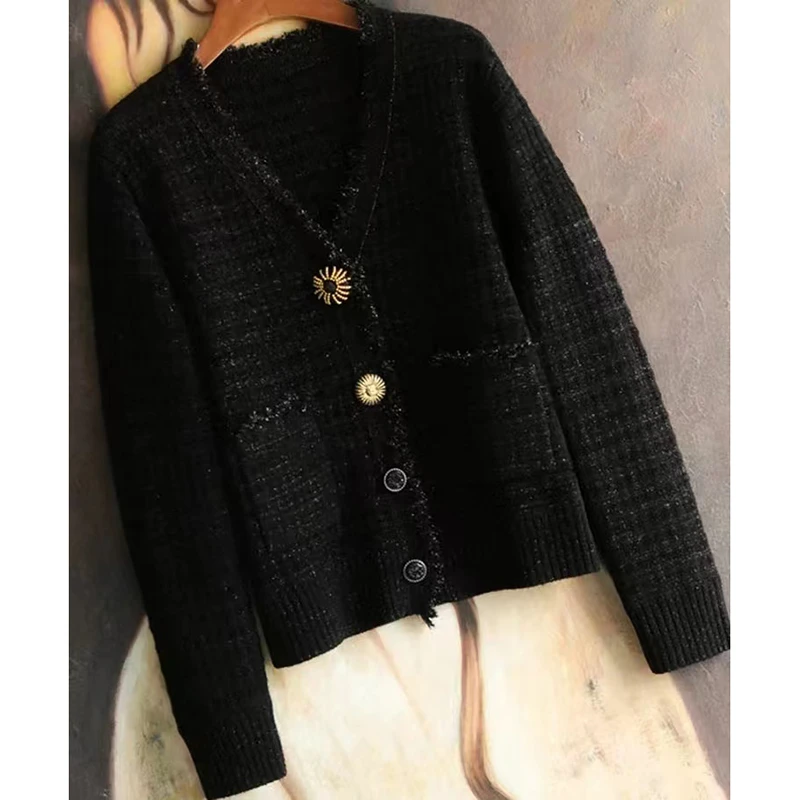 [女神节专享]特殊工艺三种纽扣新款山羊绒细闪开衫外套女R240015